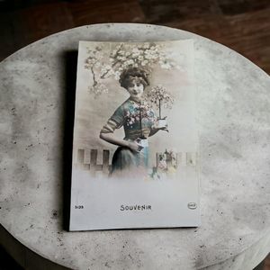 Antique Postcard “Souvenir” French Lady Flower Bush Colored Cerce 1912 Laeken